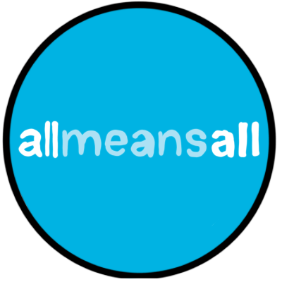 A drawing of the logo of inclusive education organisation All Means All, which is a light blue circle with very light blue and white text that says 'all means all'